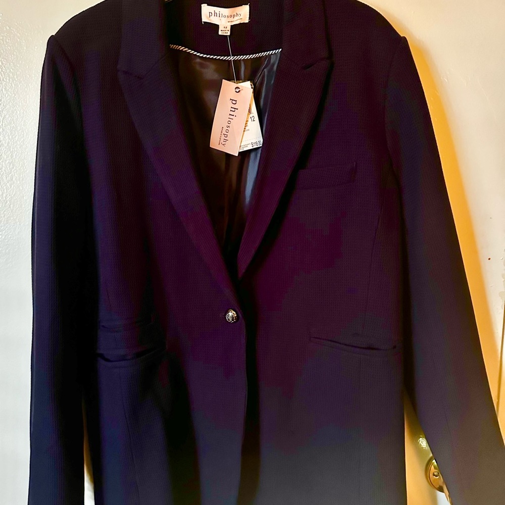 Philosophy navy blue blazer, brand new with tags and size 12.